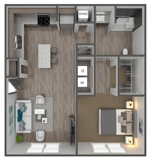 Floor plan for 1 bed, 1 bath, 730 sqft